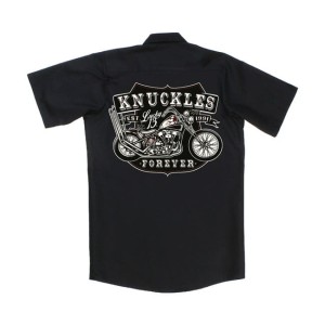 LUCKY 13 KNUCKLES WORKSHIRT KOSZULA MOTOCYKLOWA CZARNA NA KRÓTKI RĘKAW Z MOTOCYKLEM NA PLECACH