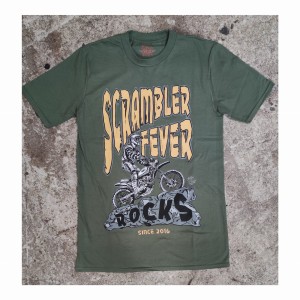  SCRAMBLER FEVER ROCKS  - KHAKI  KOSZULKA MOTOCYKLOWA Z MOTOCYKLEM T-SHIRT PREMIUM 