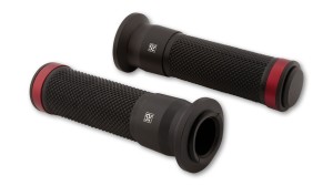 SHIN YO CZARNO-CZERWONE MANETKI MOTOCYKLOWE Z OTWARTĄ KOŃCÓWKĄ  MANETKI Z ZAŚLEPKĄ 