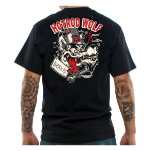 Lucky 13 The Hotrod Wolf t-shirt klasyczna koszulka czarna z motocyklową grafiką