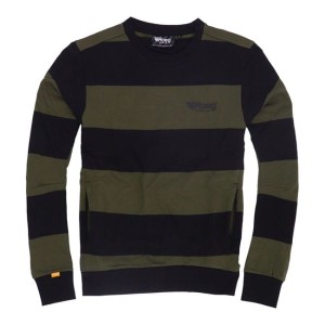 Roeg Shawn stripe sweatshirt army/black gruba bluza bez kaptura w paski zielono-czarne stylowa retro bluza motocyklowa