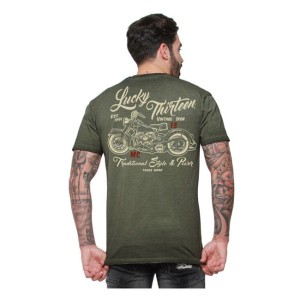 Lucky 13 Vintage Iron t-shirt klasyczna koszulka zielona z motocyklową grafiką harley