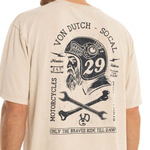 Retro koszulka Von Dutch Brave t-shirt w kolorze bezowym z fajna grafika motocyklową